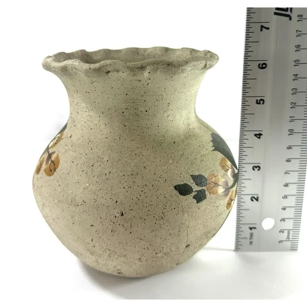 Vintage Hand Painted Pottery Vase Butterfly Floral Folk Art Scalloped Rim 6”